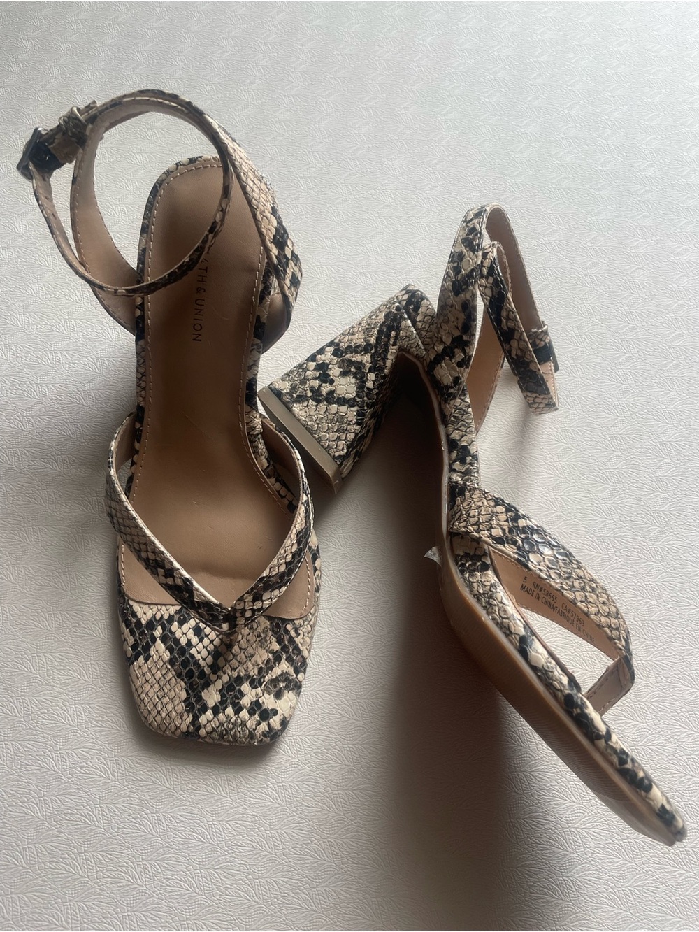 14th & Union Beige and Black Snake Print Block Heel Sandals